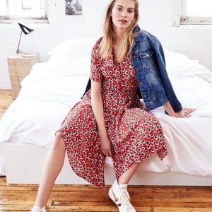 J. Crew A-line Red Midi Heart Print Shirtdress with Removable Belt Size 0